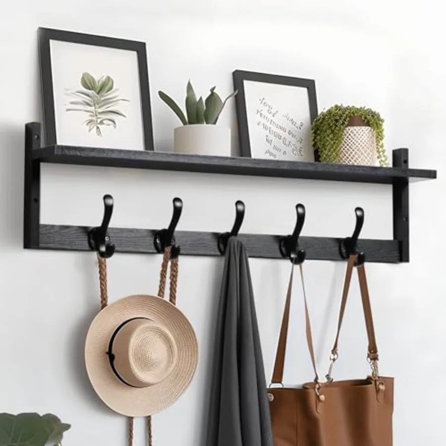 

Coat Rack Wall Mount with Shelf, Wall Hooks with Storage, Entryway Shelf with 5 Coat Hangers for Bathroom, Livg Room, Bedroom