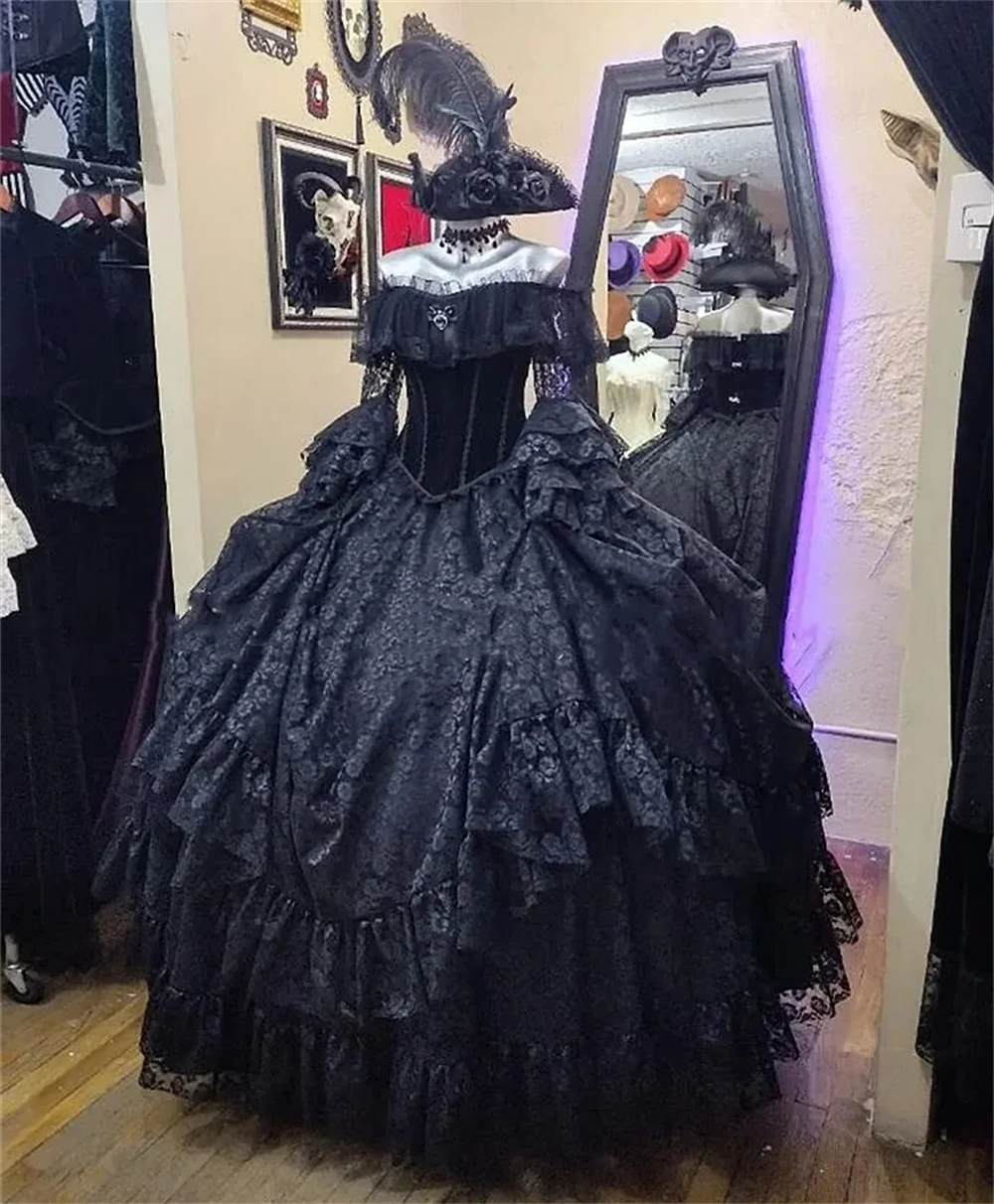 

Off Shoulder Black Gothic Steampunk Wedding Dress Vintage Bridal Corset Vampire Princess Cosplay Vestido Dress Ball Gown Women