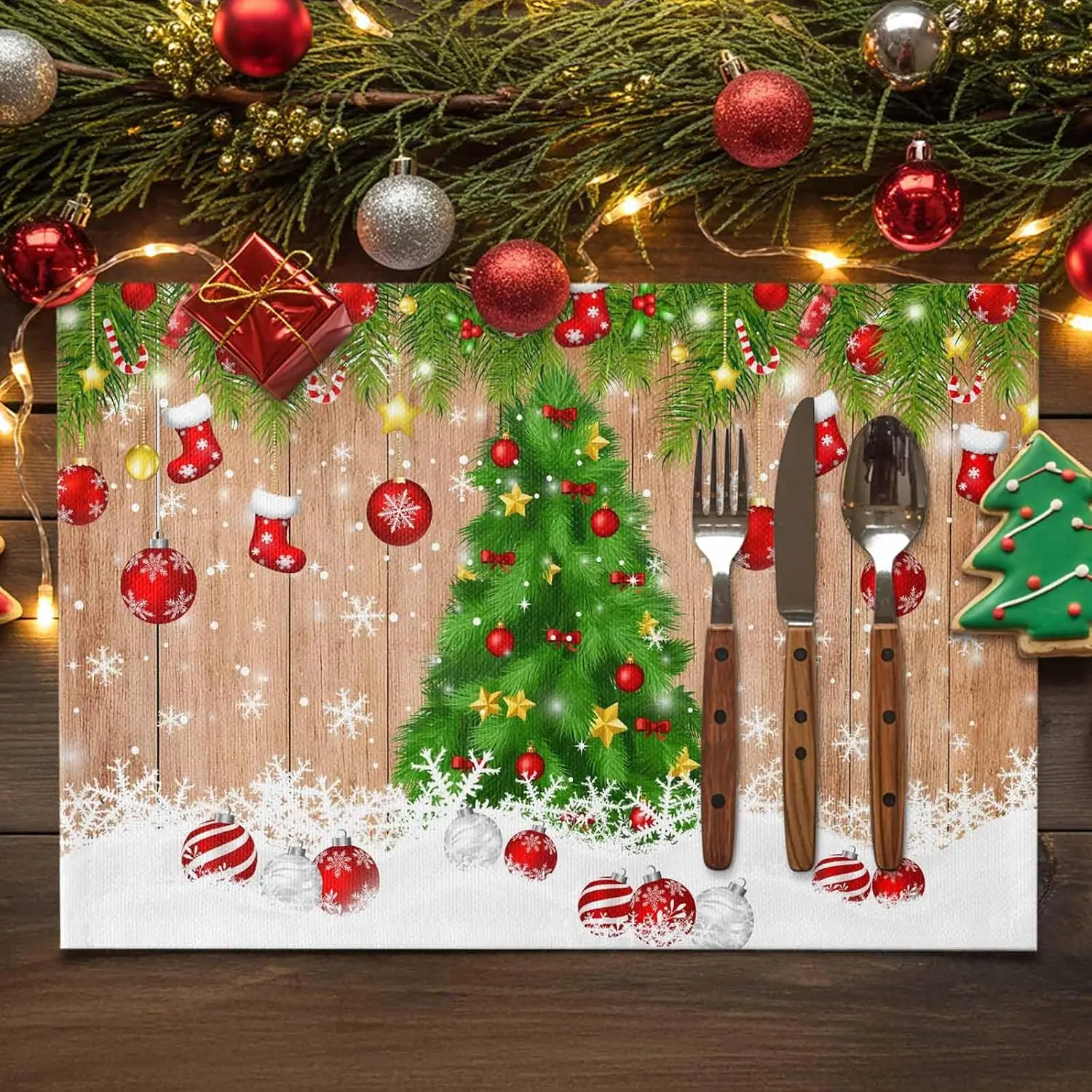 

Christmas Tree Vintage Snowflake Table Mats for Kitchen Dining Decor Washable Winter Holiday Placemats Christmas Decorations