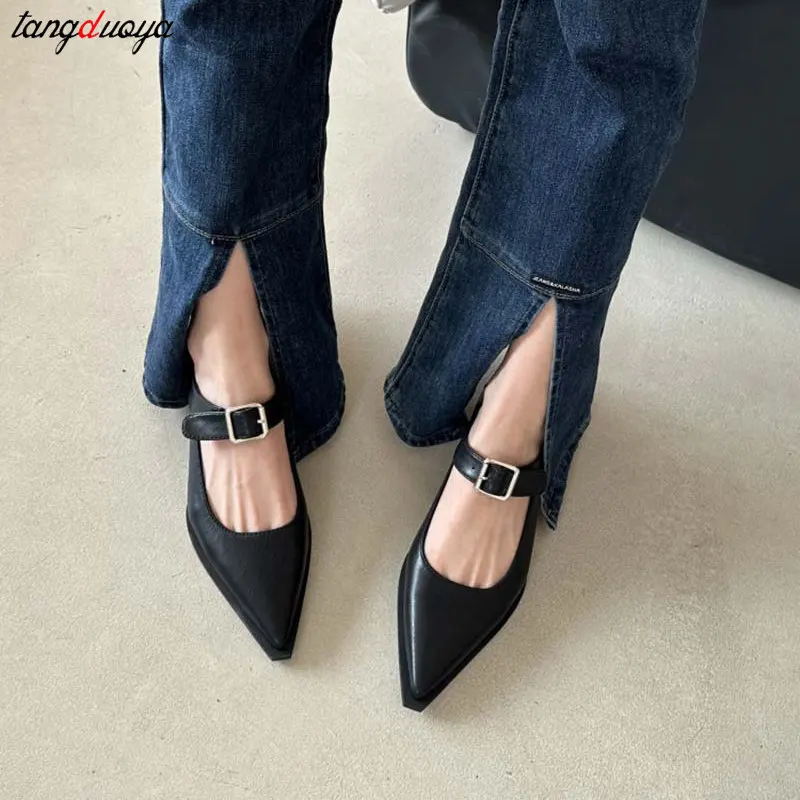 Mary Jane Shoes 2024 New Summer spring Pointed Toe Low Heel Women Shallow Single Pumps Women Fashion Buckle Shoes Vintage shoes