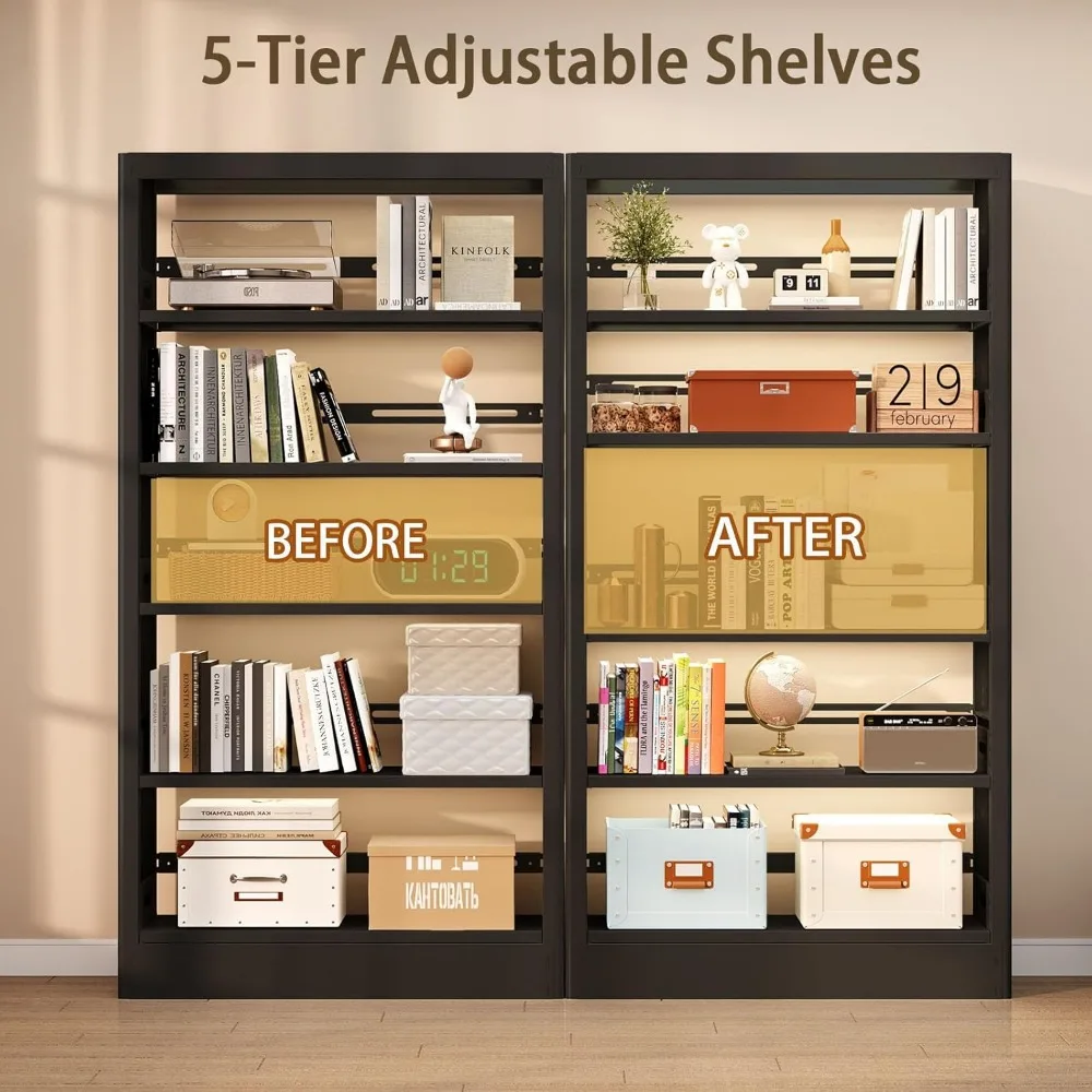 رف كتب معدني شديد التحمل مكون من 5 طبقات قابل للتعديل لتخزين المكتبة والمكتب بتصميم طويل