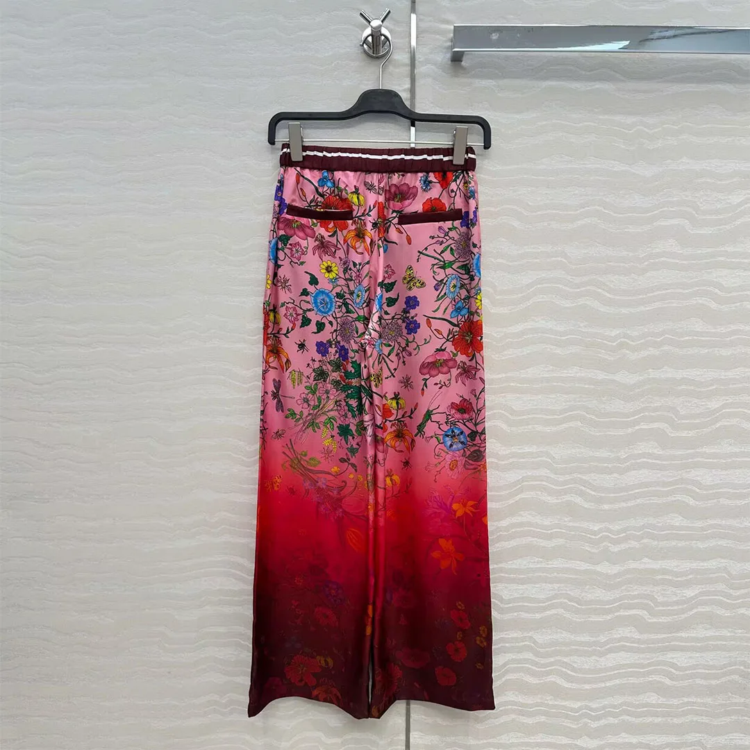 New Autumn Vintage 100% Silk Wide Leg Pants Women Elastic High Waist Belt Red Floral Print Loose Casual Trousers