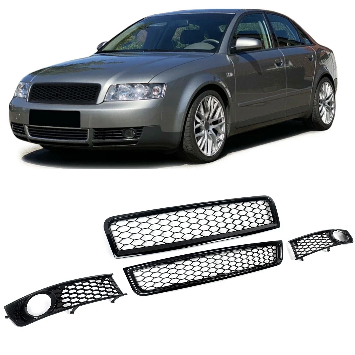 

For Audi A4 B6 Front Racing Grills 8E2 8E5 2002 2003 2004 2005 Front Bumper Honeycomb Upper&Lower Grillle Fog Light Grills Trim