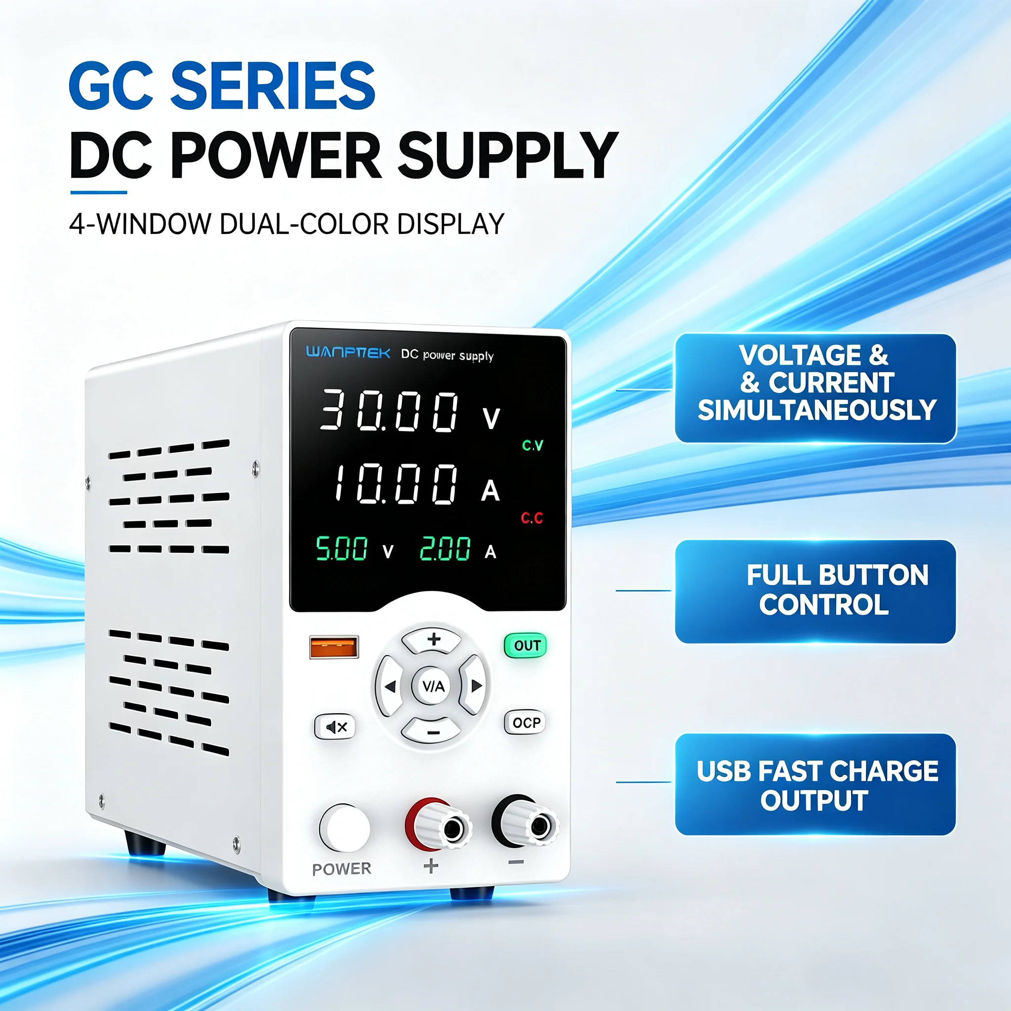 WANPTEK GC Series Adjustable Lab DC Power Supply 4‑Window Dual‑Color Display USB Fast Charge For Repair & Battery Charging