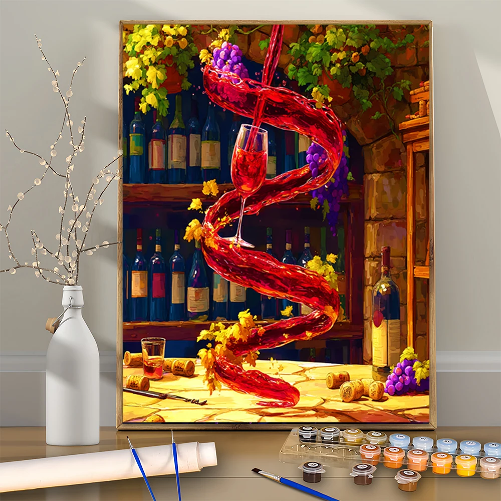 Kit de pintura Digital acrílica DIY para principiantes, arte de vino tinto que fluye en bodega, marco de decoración de pared del hogar no incluido, 1 Uds.