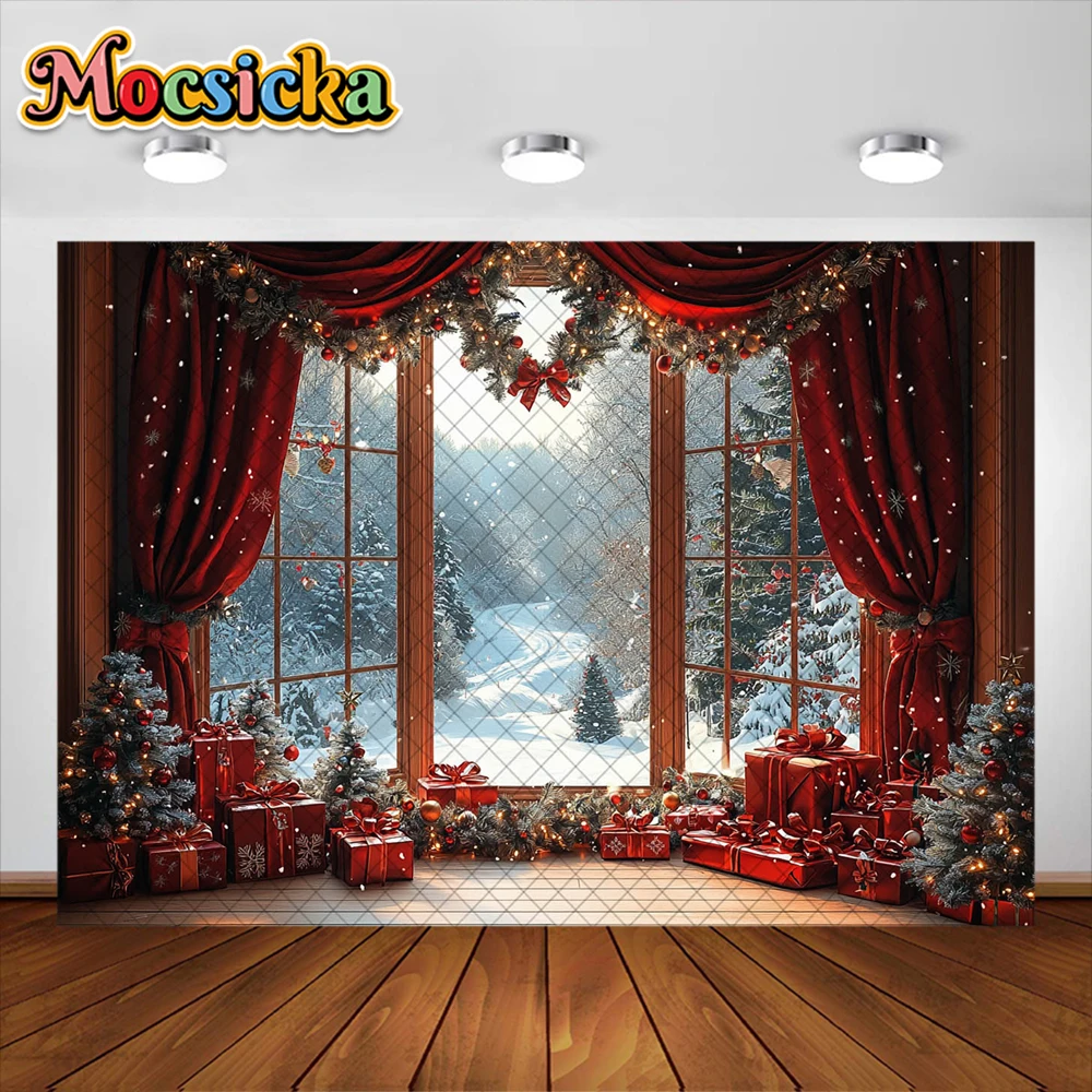 ฤดูหนาวคริสต์มาสห้องการถ่ายภาพพื้นหลังสีแดง Xams ต้นไม้ตกแต่งหน้าต่างเด็กวันหยุดภาพพื้นหลังสตูดิโอ Props แบนเนอร์