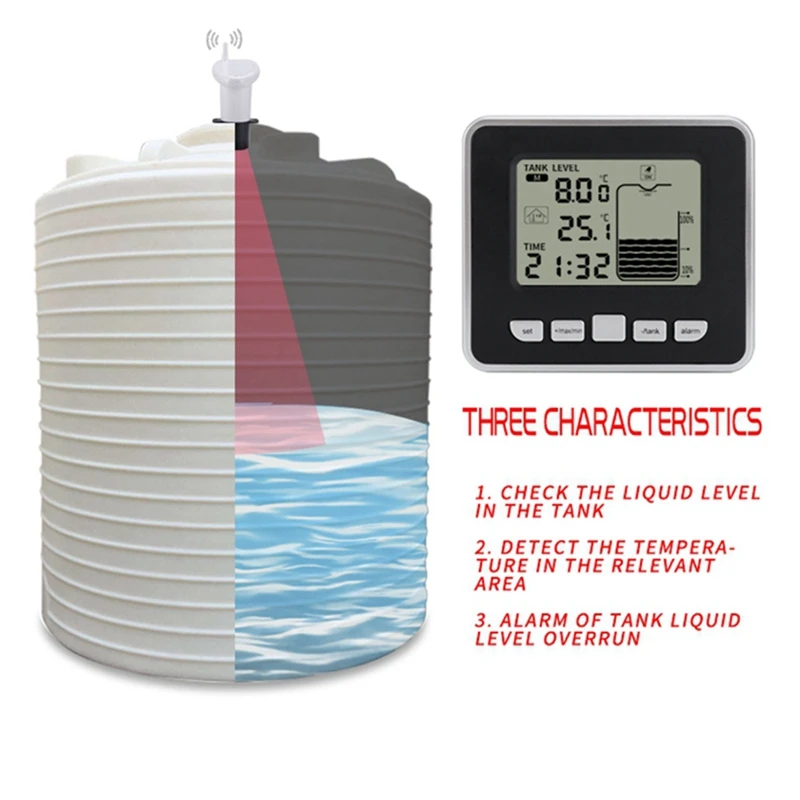 Wireless Ultrasonic Water Tank Liquid Level Meter Water Level Time Display Low Battery Indicator + Temperature Sensor