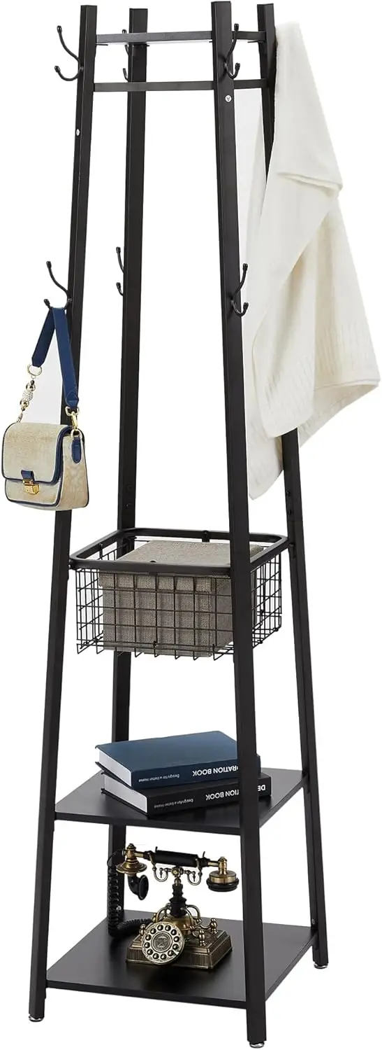

Напольная вешалка для одежды с металлической корзиной и 8 крючками, промышленная вешалка-стойка для пальто, шляп, сумок, зонтов, матовый черный, 18x18x72 дюйма