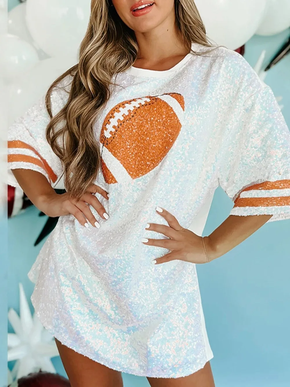 여성용 스팽글 롱 티셔츠 루즈 스포츠 드레스 오버사이즈 반팔 크루넥 티셔츠 패션 럭비 프린트 티 탑스 패션