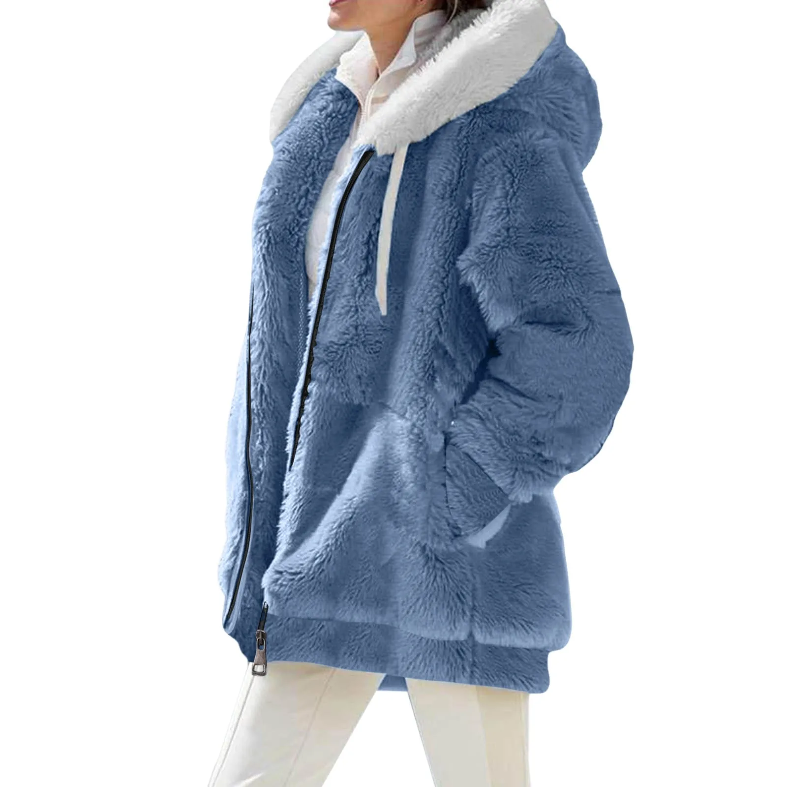 Winter Women Jackets Plush Casual Oversize Fleece Solid Color Hooded Zipper Fashion Cashmere Warm Ladies Coats 2024 New