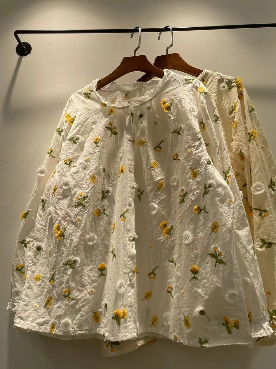 

Autumn 2024 Women's Pure Cotton Loose Long Sve irt Embroidered Lace Collar Single Button Sweet Sle Chinese Production