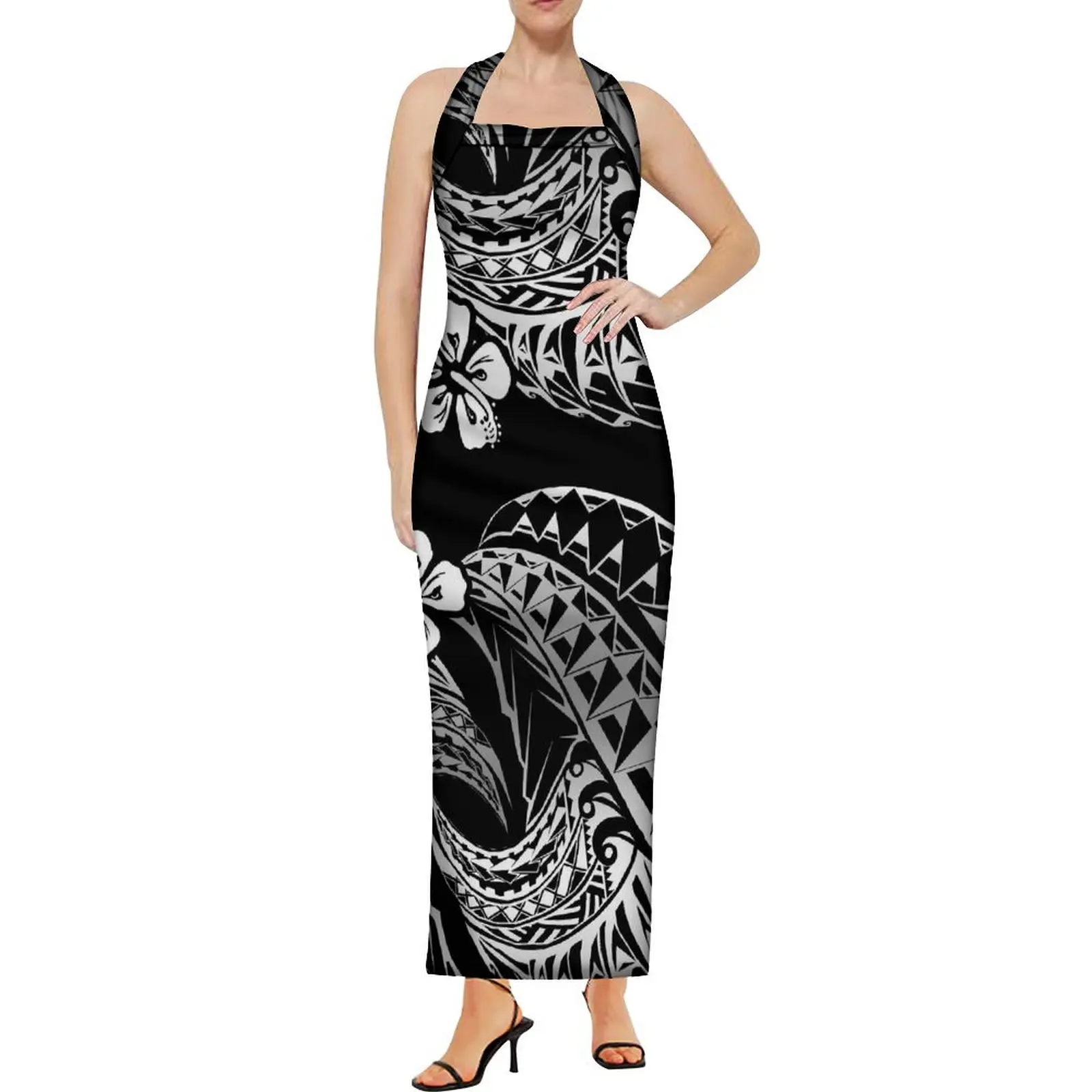 Pacific Islands Custom Polynesian Ribbed Floral Print Gown High Quality Ethos Slit Maxi Hawaiian Slim-Fit Strapless Dress