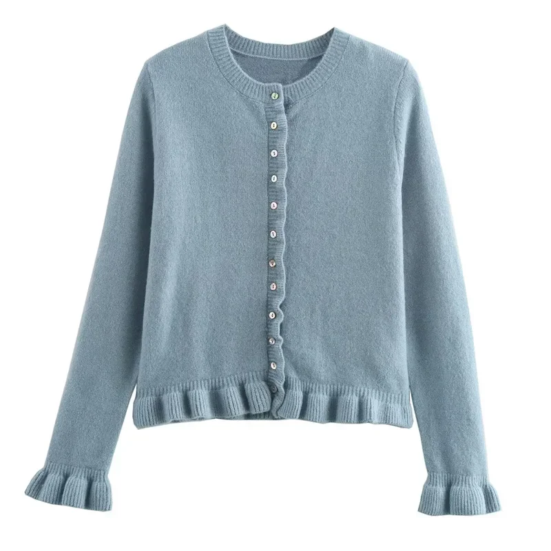 TRAF Ruffle Cardigan Outerwears Gray Knitted Cardigan Women Autumn Long Sleeve Bolero Bluey Sweater Elegant Button-Down Cardigan