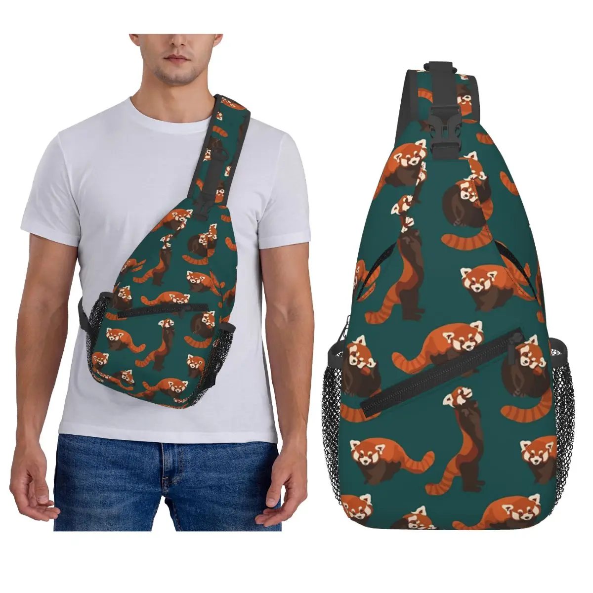 Red Panda Pattern Chest Bag Men Sling Crossbody Backpack Chest Bag Travel Hiking Daypack Shoulder Bag