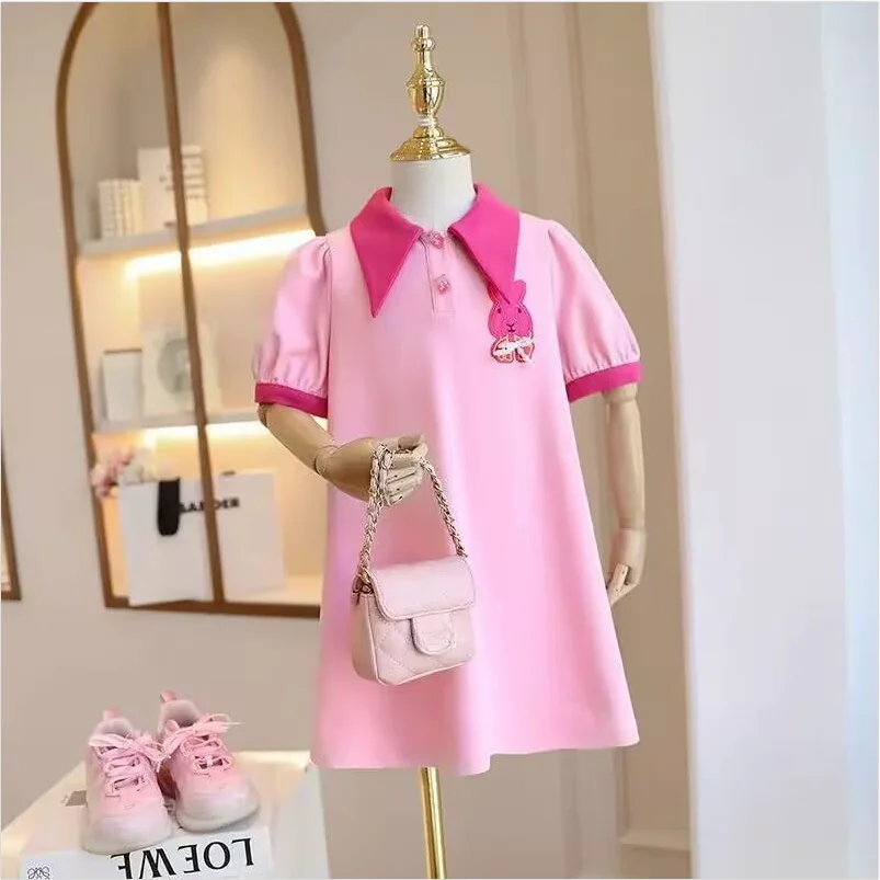 Girl\'s Short sleeved Dress with Bow New Summer Fashionable Teenage Girl Princess Dress Polo Children\'s Beautiful Dress