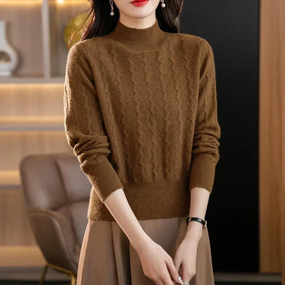 Sweter S-2XL musim dingin, atasan Sweater Pullover wanita lengan panjang kerah setengah tinggi rajut kasual Turtleneck tebal, Sweater musim gugur musim dingin