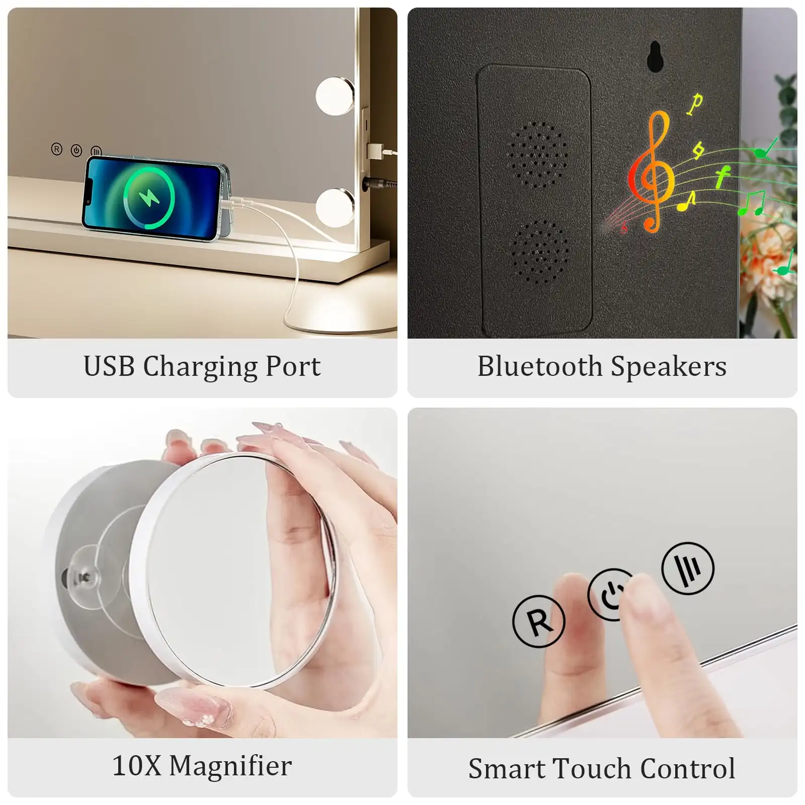 Bluetooth Audio Makeup Mirror with LED Light - 3 Color Modes, Smart Touch Control and USB Charging Port - Desktop Makeup Mirror