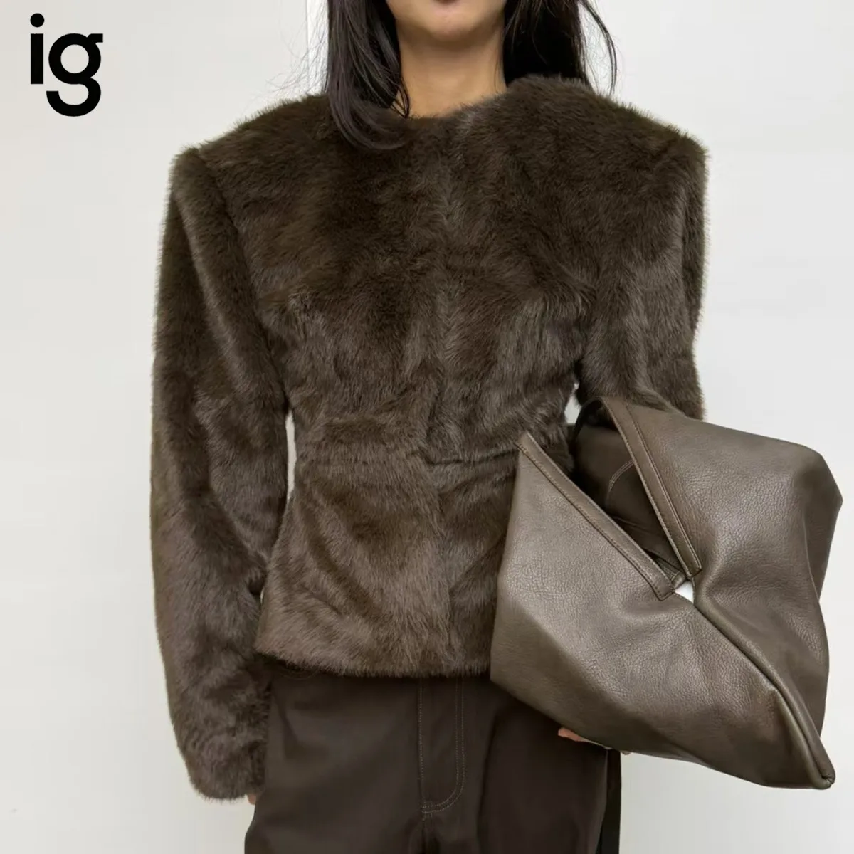 Women Brown Crew Neck Padded Shoulder Cinched Waist Cropped Faux Fur Jacket Hidden Placket Winter Warm Vintage Elegant Outerwear