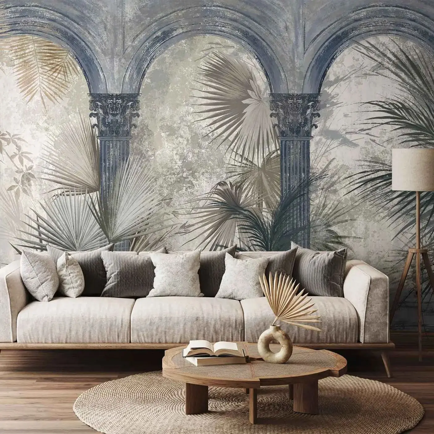 خلفية النباتات الاستوائية الغريبة ، أعمدة القوس التاريخية العتيقة العتيقة جدار جدارية ، التقليد الاستوائي التجريدي غير المنسوجة ورقة #2