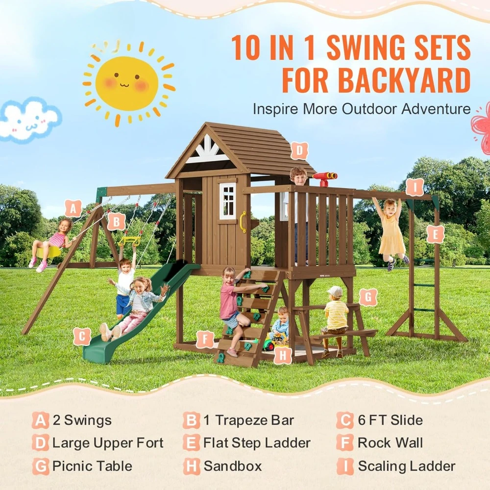 Playground Sets, 2 Swings, Trapeze Bar, 6FT Slide, Flat Step Ladder, Rock Wall, Picnic Table, Sandbox, Scaling Ladder, Swing Set