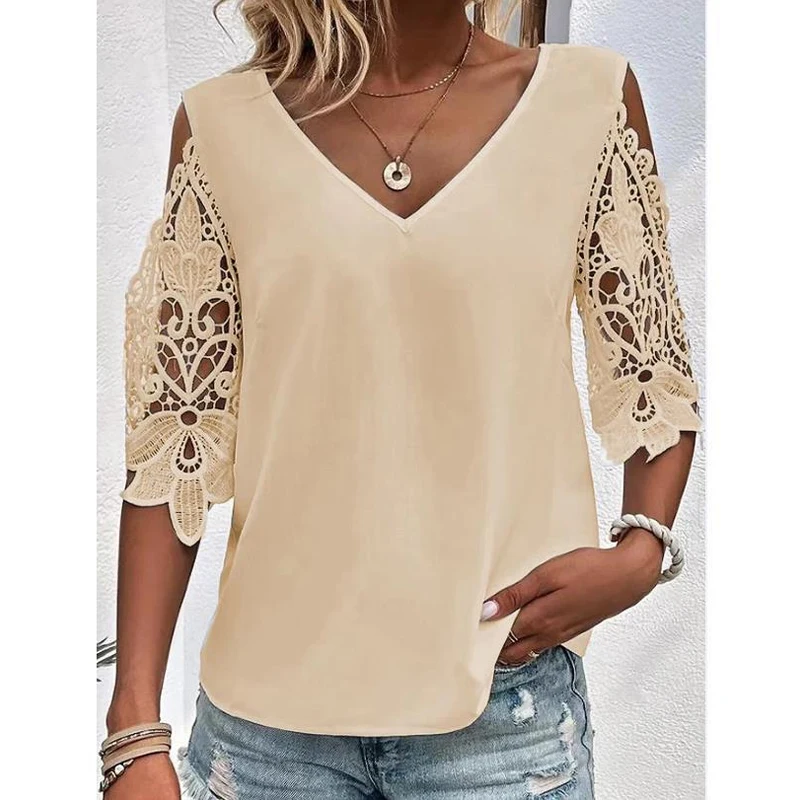 

Casual V-neck Short Petal Sleeve Blouse Women Summer Sweet Half Sleeve Tops Sexy Off Shoulder Solid Color 3XL Loose Shirt 28317