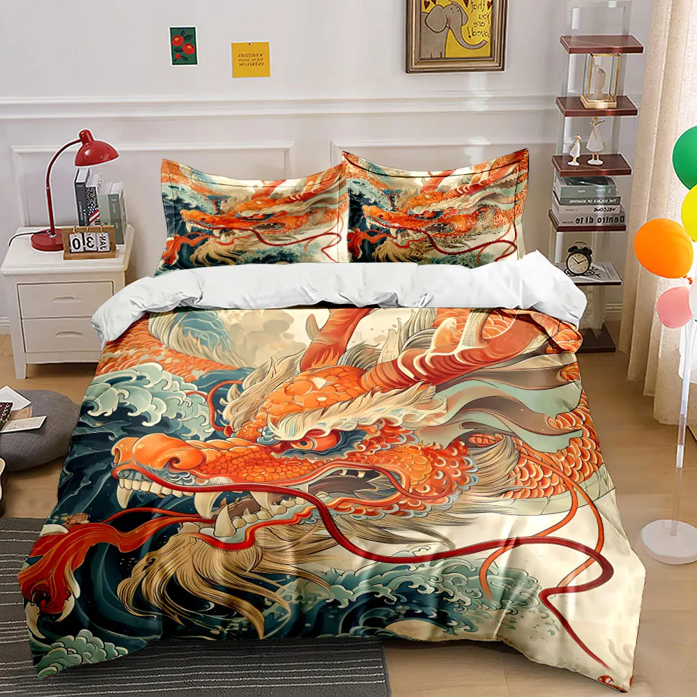 3Pcs Chinese Red Dragon Ocean Wave Duvet Cover Set, Traditional Oriental Folk Art Bedding Single Double King Queen, Gift