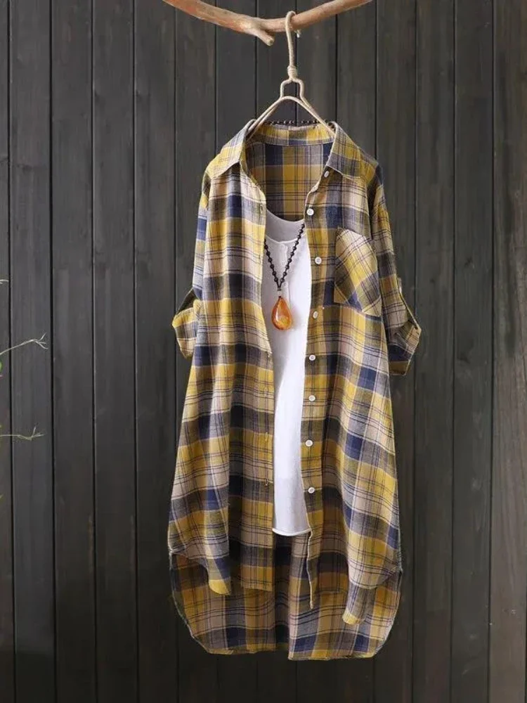 

Большие размеры, свободная клетчатая женская осенняя рубашка средней длины, пальто, повседневные винтажные топы, женская одежда, корейская модная блузка