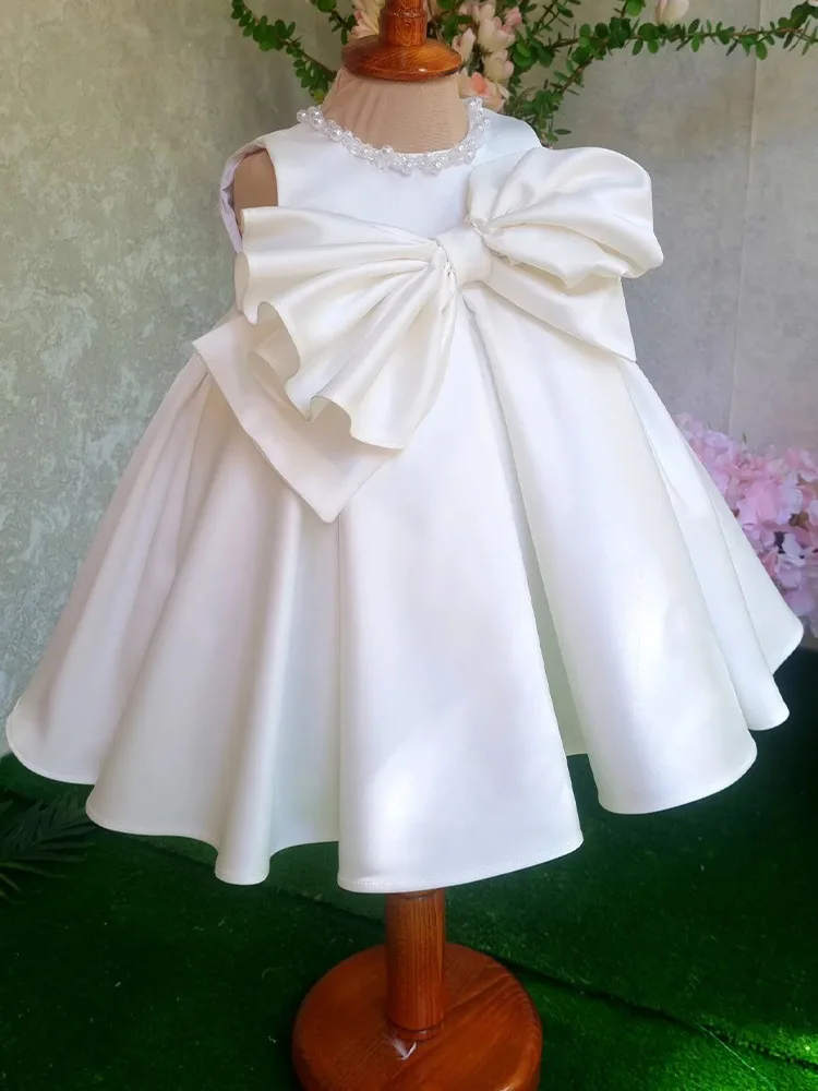 

White Korean-style Little Baby Girls Satin With Bow Flower Girl Dress Princess Kids Birthday Party Ball Evening Dresses for Eid