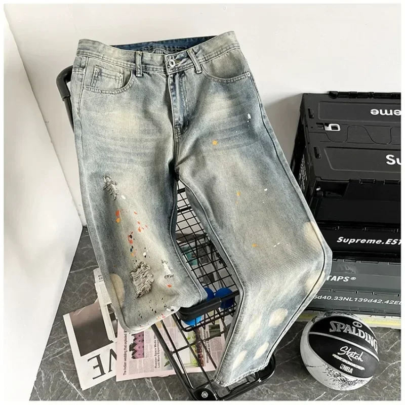 Foufurieux Ripped Jeans Men Summer Thin Trousers Hip-hop Splashed Ink High Street Nine-point Harem Jeans Denim Pants Cowboy Jean