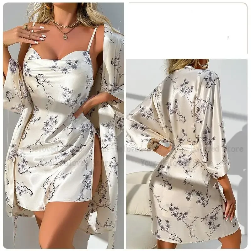 

Sexy Print Robe Suit Spring Women's Sleepwear 2025 New Thin Pure Desire Kimono Split Back Ice Silk Sling Sleeping Dress Pajamas
