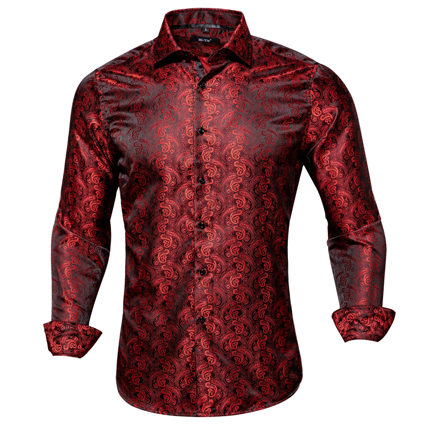 Hi-Tie Spring Autumn Mens Shirts Silk Red Black Paisley Suit Turndown Collar Shirt Casual Formal for Male Wedding Business Gifts