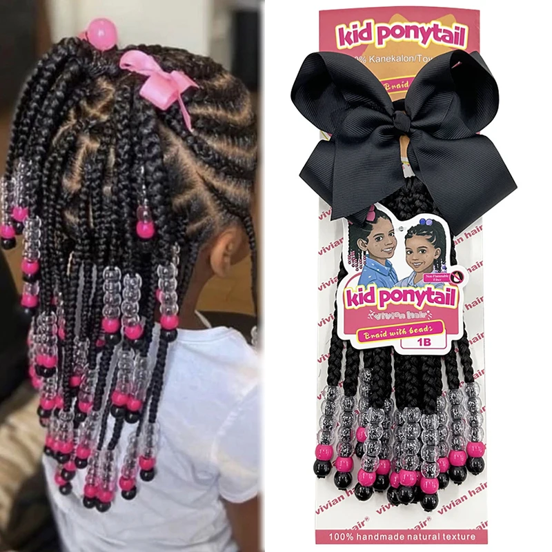 

Wigs Beaded Braided Ponytail Women Hair Extensions Fiber Braiding Child Synthetic Beads Wigs Bows Children'S Hair Extensions