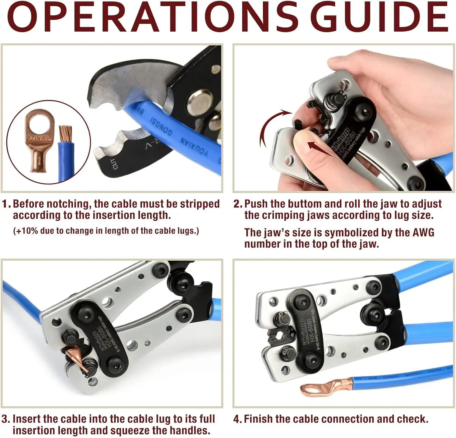 مجموعة أدوات تجعيد كابل البطارية مع متجرد، 24 عروة نحاسية و10 أنابيب انكماش حراري لـ AWG 8-1/0