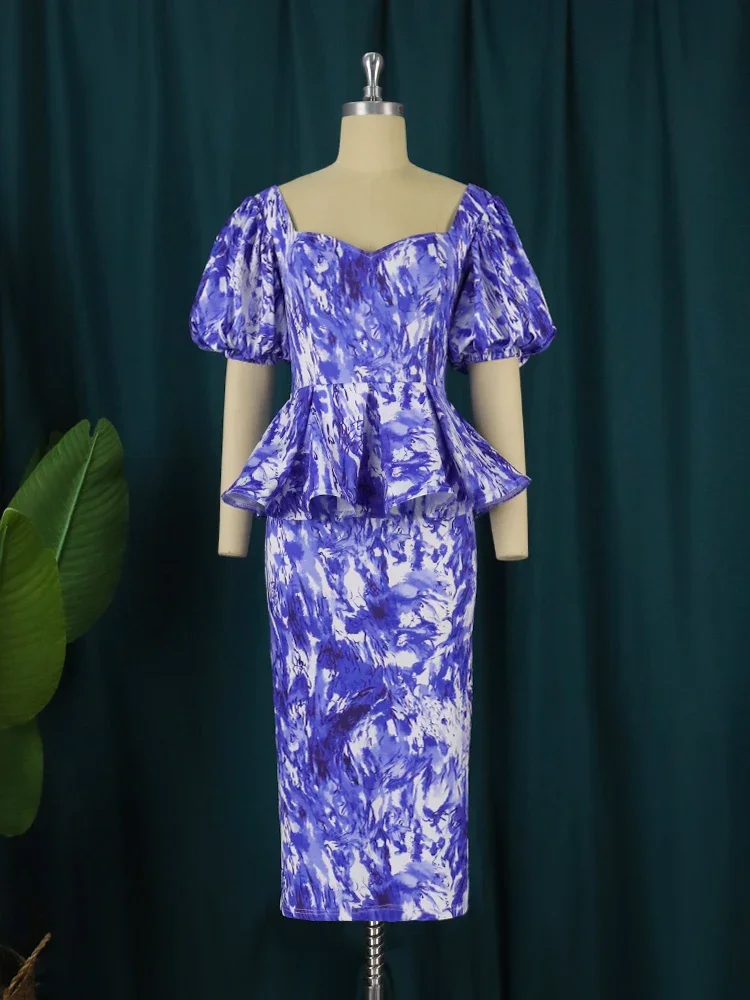 AOMEI Women Dress Blue Peplum Midi Tie Dye Short Puff Sleeve Elegant Office Elegant Plus Size 4XL Evening Cocktail Event Gowns