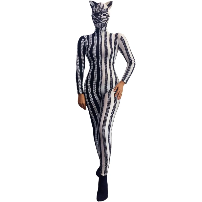 Halloween bar boate dj cosplay jazz dançarino traje strass estiramento macacão animal headwear feminino rave outfit xs10049