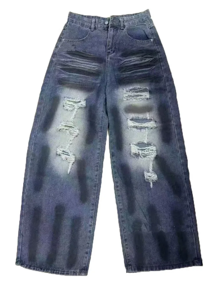 High Waist Wide Leg Jeans Women's Loose Fit Ripped Denim Pants Straight Leg Long Trousers Cross-Border Vintage Washed Jeans