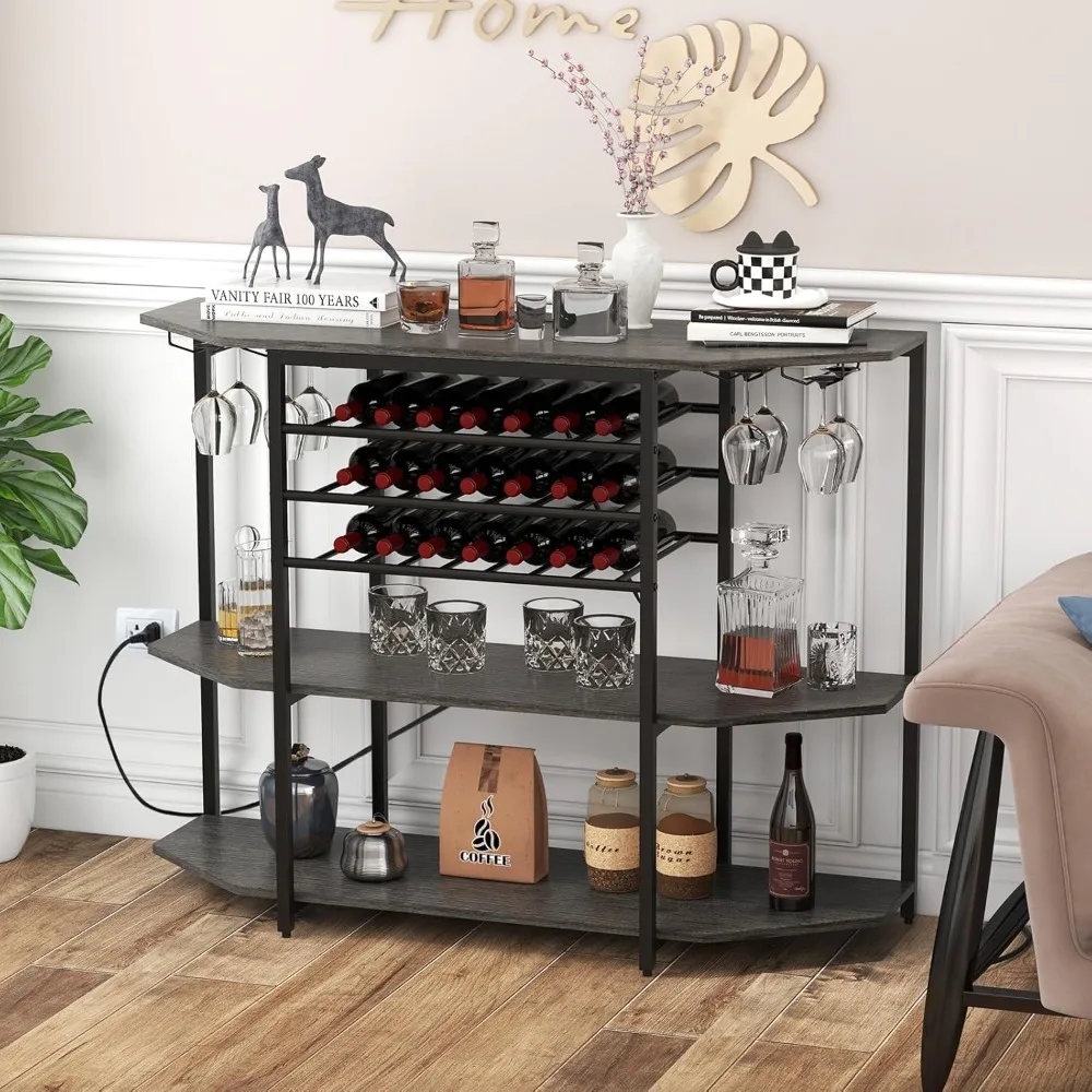 Wine Bar Cabinet, 3-Tier Liquor Cabinet with Power Outlets, Wine Bottle Racks, Glass Holders, Coffee Bar Cabinet, Freestanding