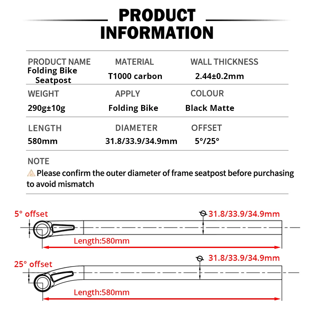 ULLICYC Full Carbon, Performance faltbare Fahrradsattelstütze 5 ° /25 °   Versetzt 31,8/33,9/34,9 mm, Faltrad für C/P/T-Linien-Sattelstütze