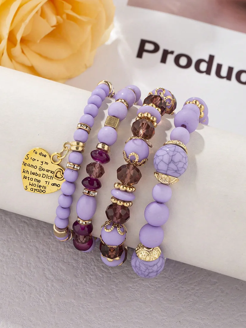 4-teiliges Boho-Armband-Set mit Kristallperlen und Kettendesign für Damen, Vintage-Herzanhänger, elastisches Armband, modischer Party-Schmuck für Frauen – Detail 25