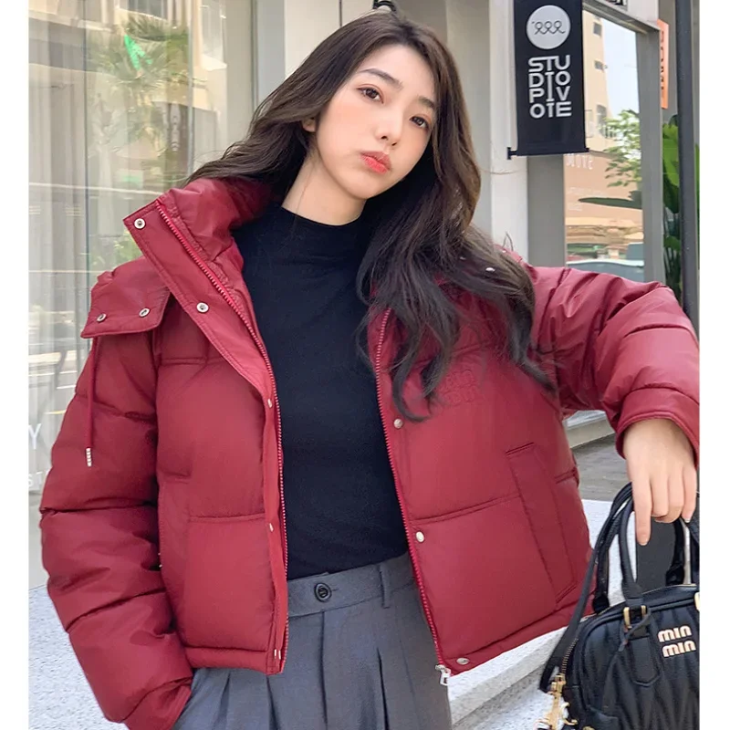 Y2K Solid Women Winter Jacket Single Breasted Zipper Parkas Drawstring Hooded Button Cuffs Clothes High Waist Pleated Coats Red