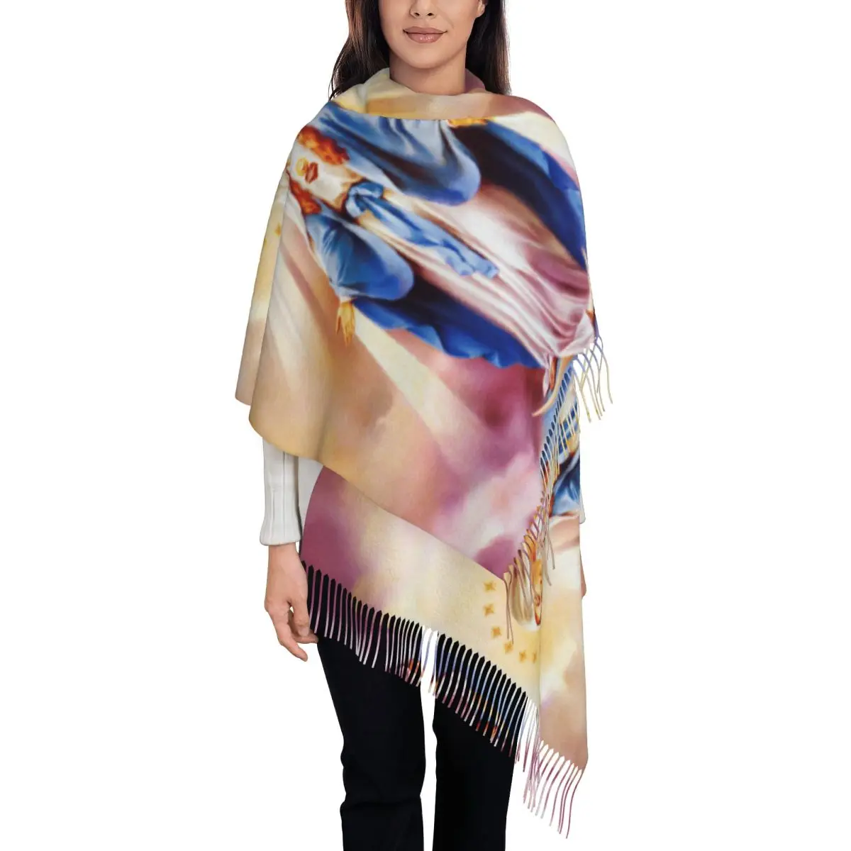 Custom Ladies Long Catholic Virgin Mary Scarves Women Winter Soft Warm Tassel Shawl Wrap Our Lady of Guadalupe Scarf