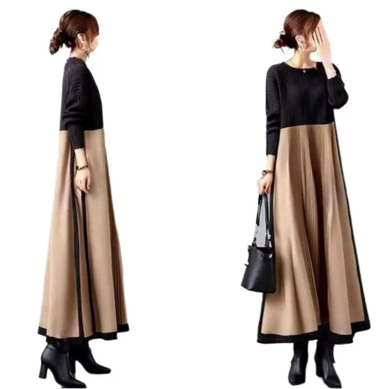 Vestido adelgazante de punto de manga larga con cuello levantado y bloques de Color, vestido elegante de corte A por debajo de la rodilla de estilo japonés