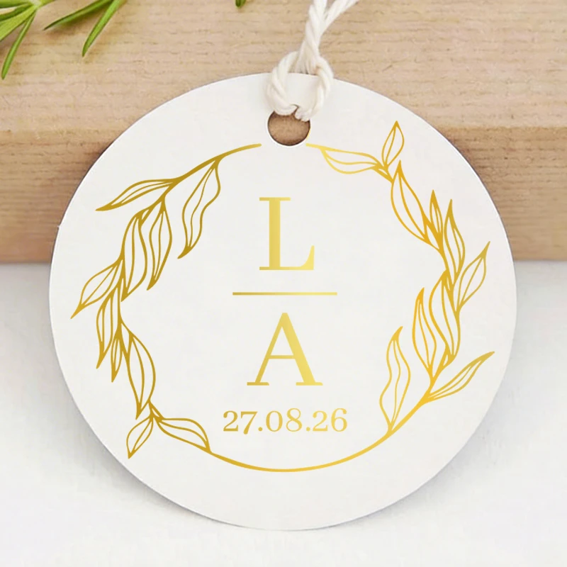 50pcs Round Custom Wedding Labels, Gold Foil Name Tags Wedding, Personalized Wedding Tag