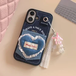 Lace Edge Love Heart Denim Shockproof Phone Cover For iPhone 16 15 14 Pro Max 13Pro Jeans Card Slot Purse Case With Star Widget