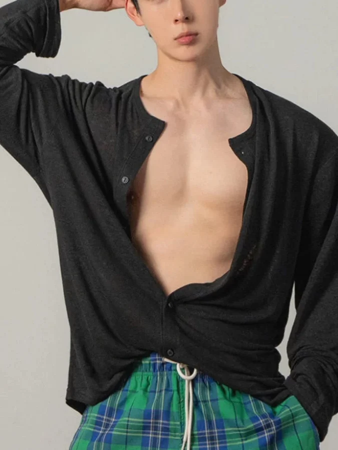  Bamboo Rayon Knitted Long Sleeve Loose Fit round Neck Cold Sensation Fiber Casual Shirt Men's Open Cardigan Cloud Silk