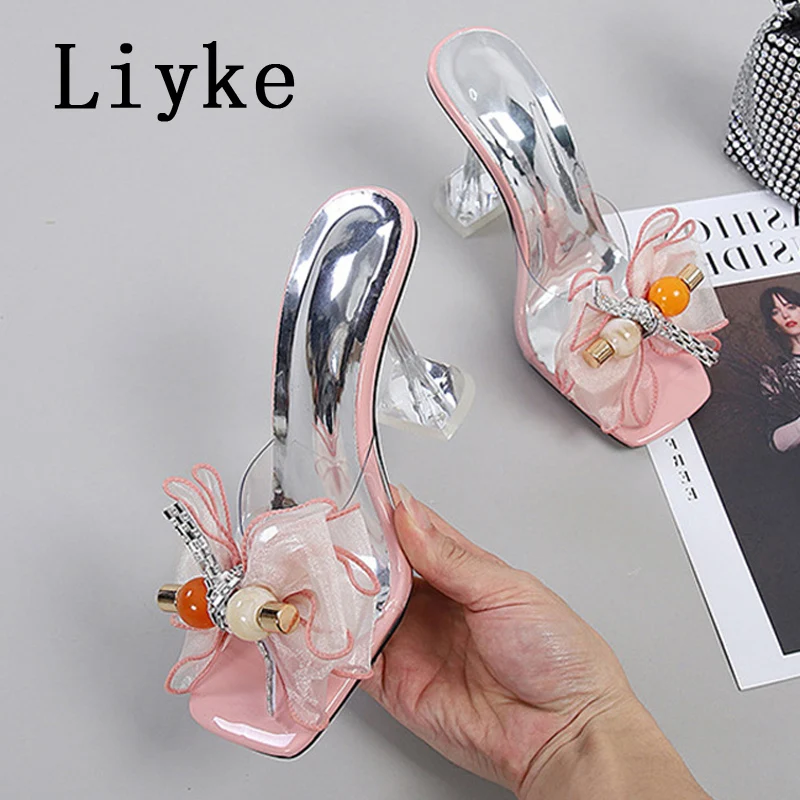 Liyke 2024 New Fashion 9CM pantofole con tacco trasparente rosa filato netto Bowknot sandali estivi scarpe trasparenti per le donne muli Slides