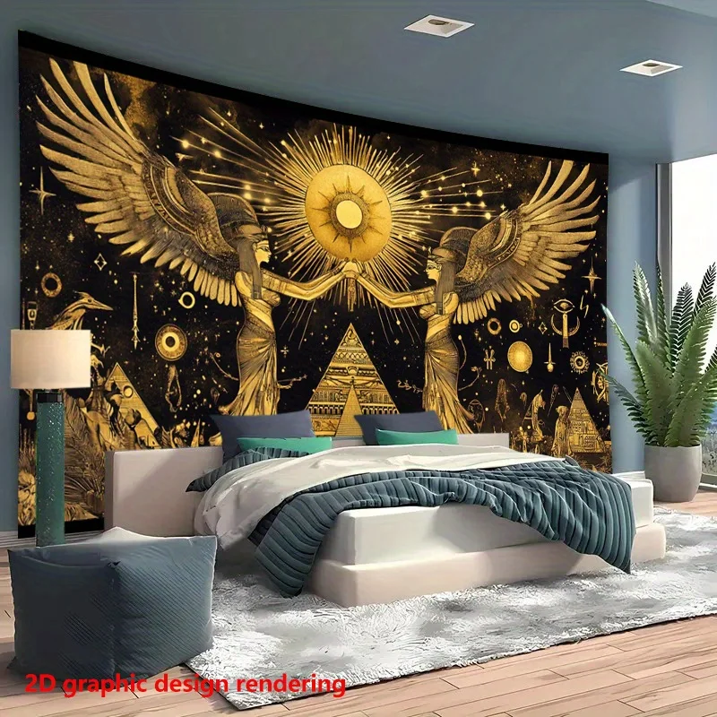Egyptian goddesses with wings golden pyramid sun symbol wall tapestry ancient Egypt art bedroom decor mystical theme home