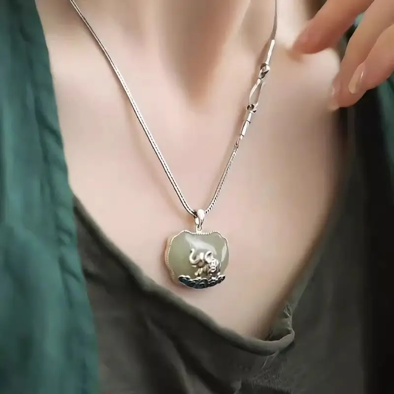 Vintage 925 Sterling Silver Cloisonne Cloud Elephant Pendant Contemporary Chinese Ethnic Adjustable Antique Finish Sweater Chain