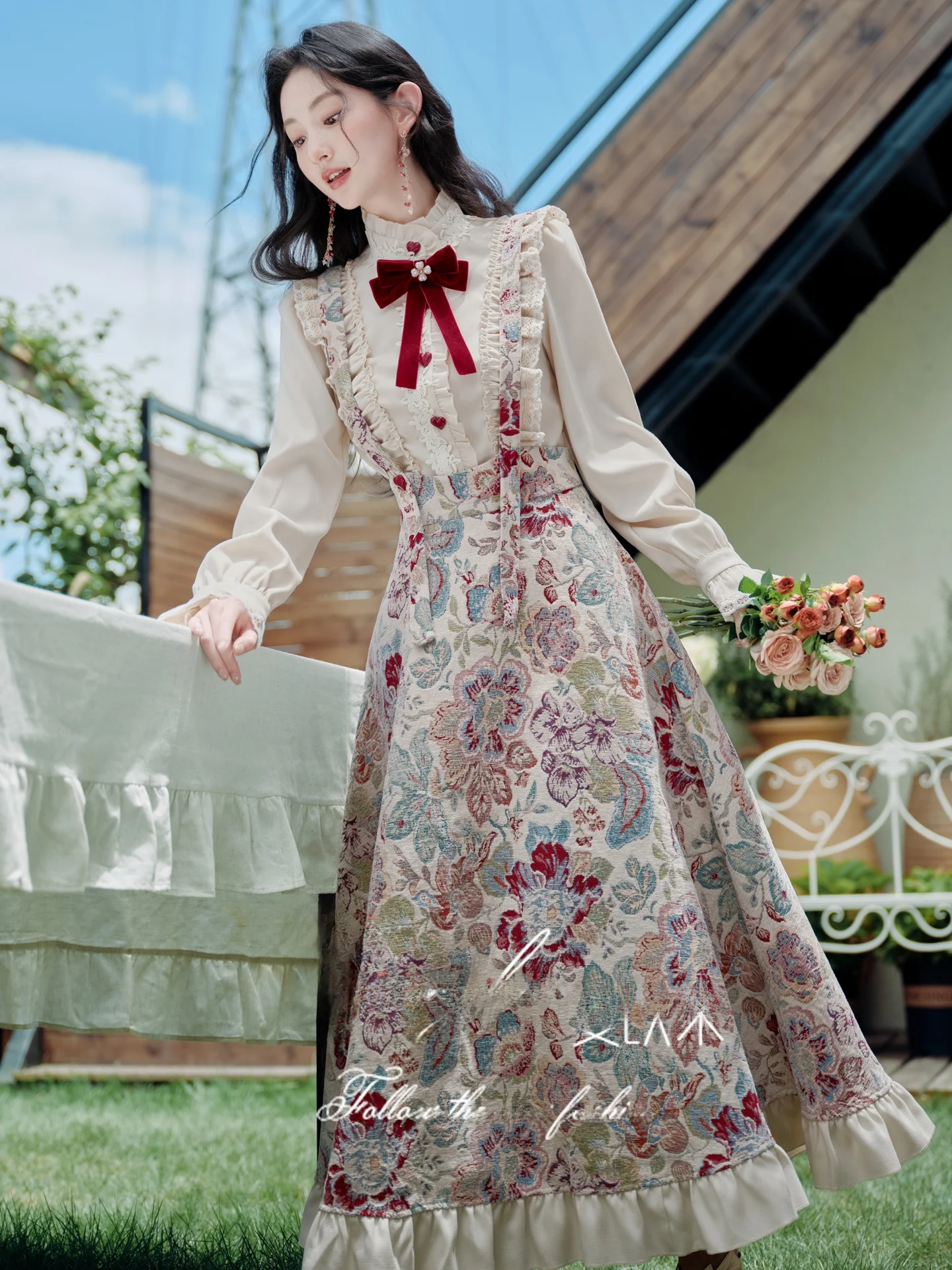 

Elegant Floral Print Two-Piece Set with Bow Design for Women Spring Autumn Court Style Shirt And Skirt Combo Age-Defying Design