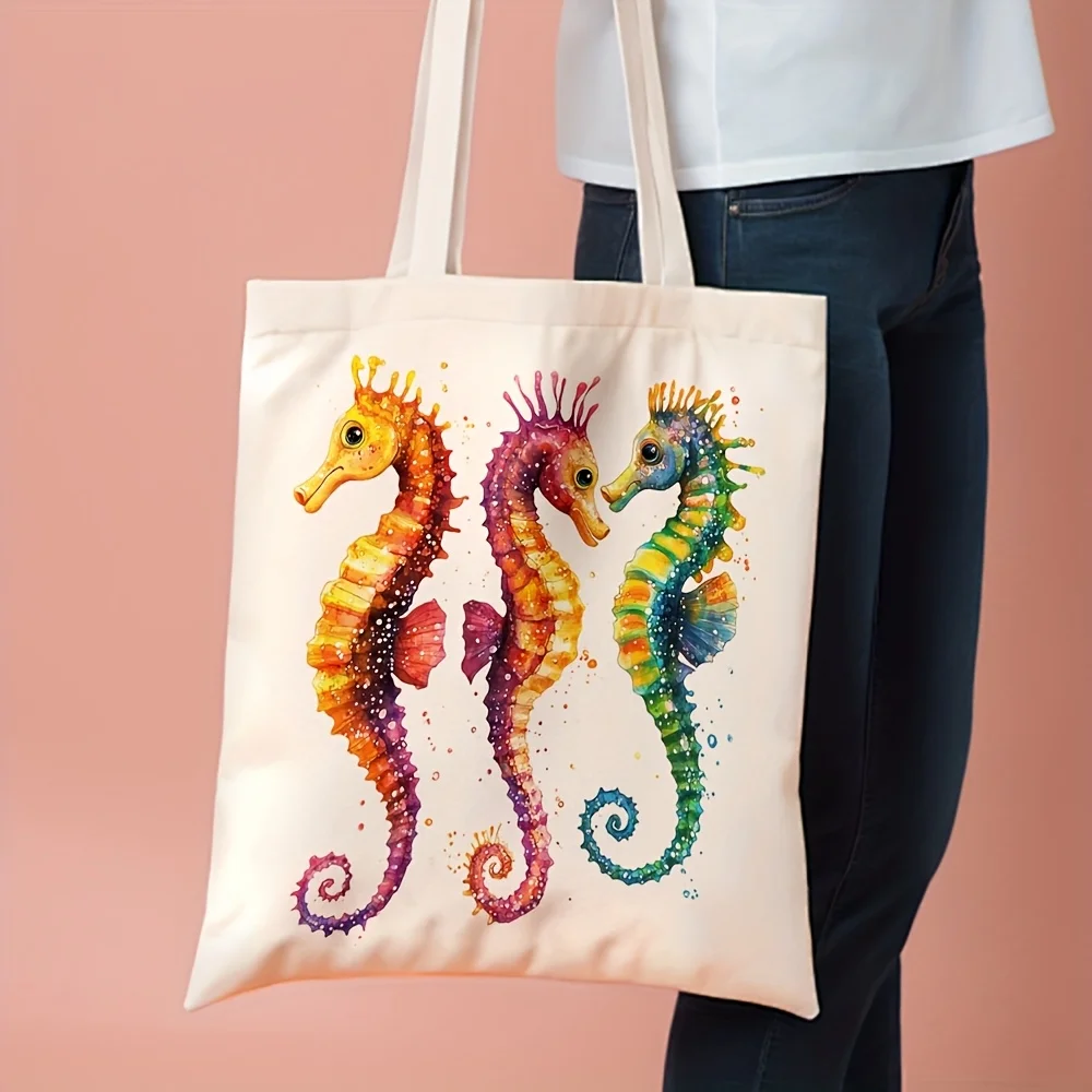 1pc of a Canvas Tote Bag Featuring a Sea Horse Illustration, Measuring 13.8 by 40.13 cm. This Stylish Shoulder Bag Is Perfect fo